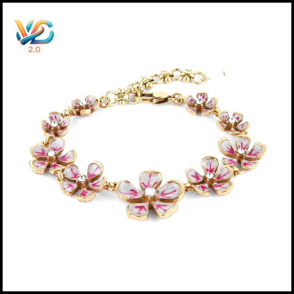 Vintage Brass Floral Bracelet Adjustable Retro Elegant Enamel Crystal‎ Center